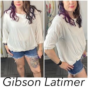 Gibson Latimer white smocked 3/4 sleeve blouse